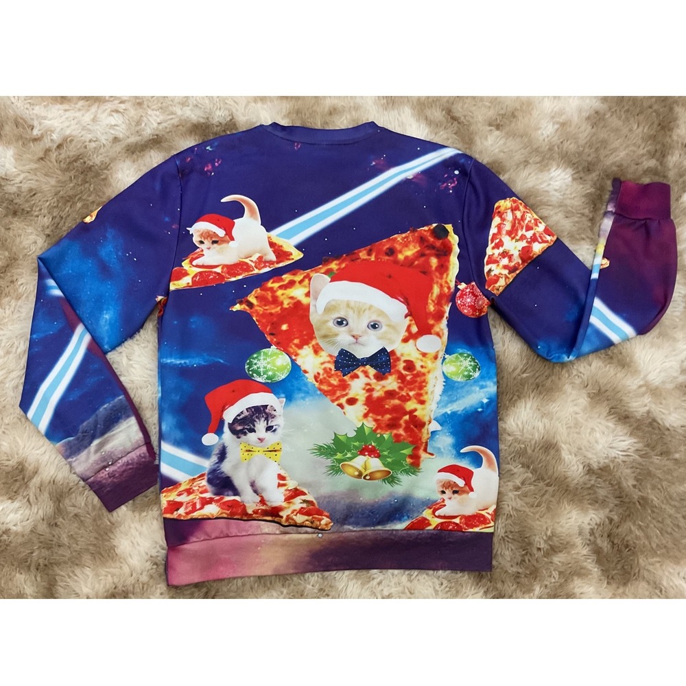 Christmas Space Cat Pizza Galaxy Graphic Sweatshirt Purple Holiday Unisex L - Picture 2 of 5